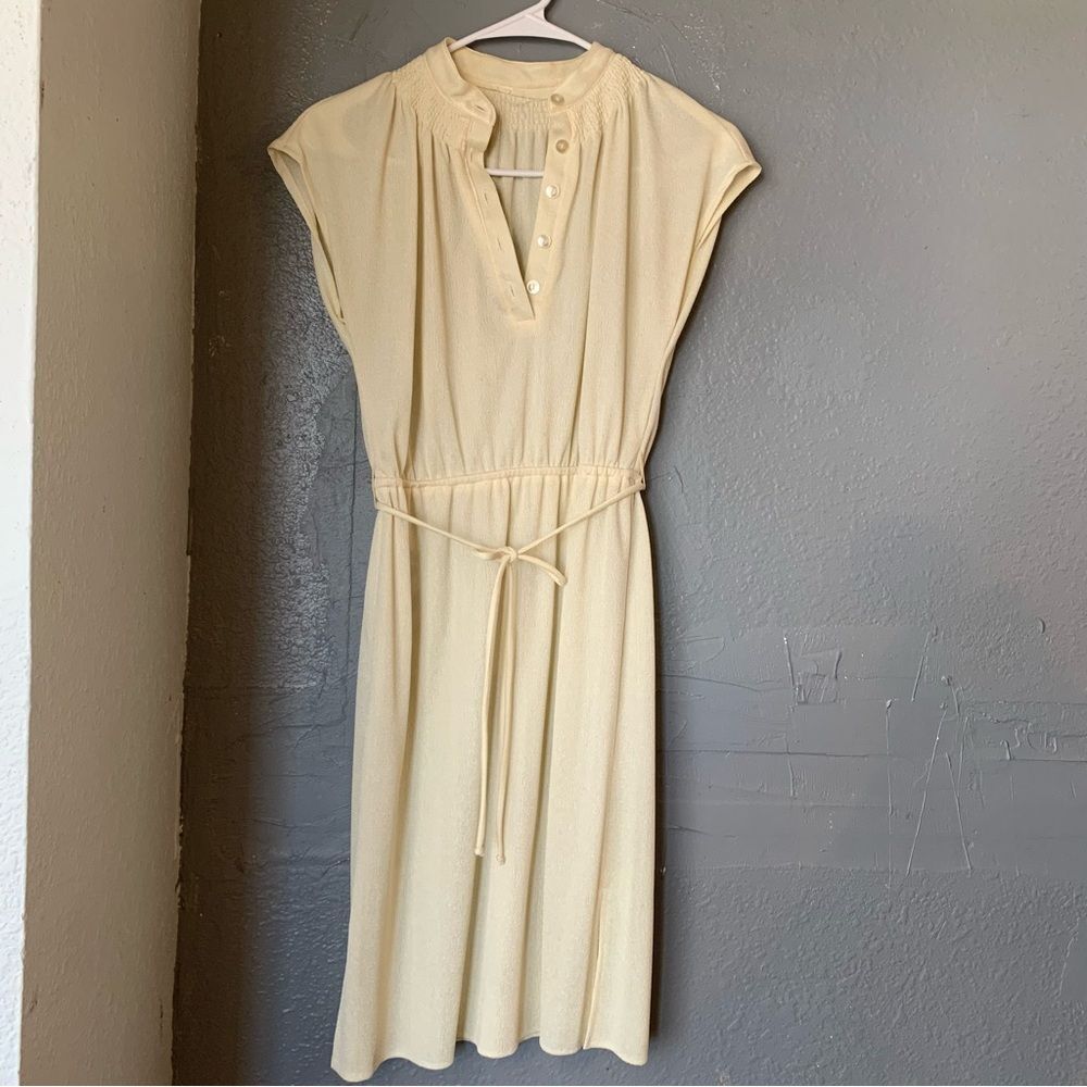 1970s Vintage smocked Cream Button Midi Dress | Cottagecore Minimal Style S/M